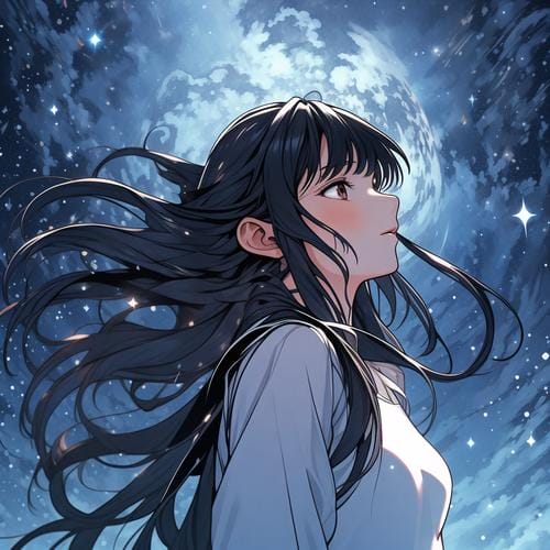 漫蛙品牌插画:星空下长发少女仰望夜空,非任何作品官方画面