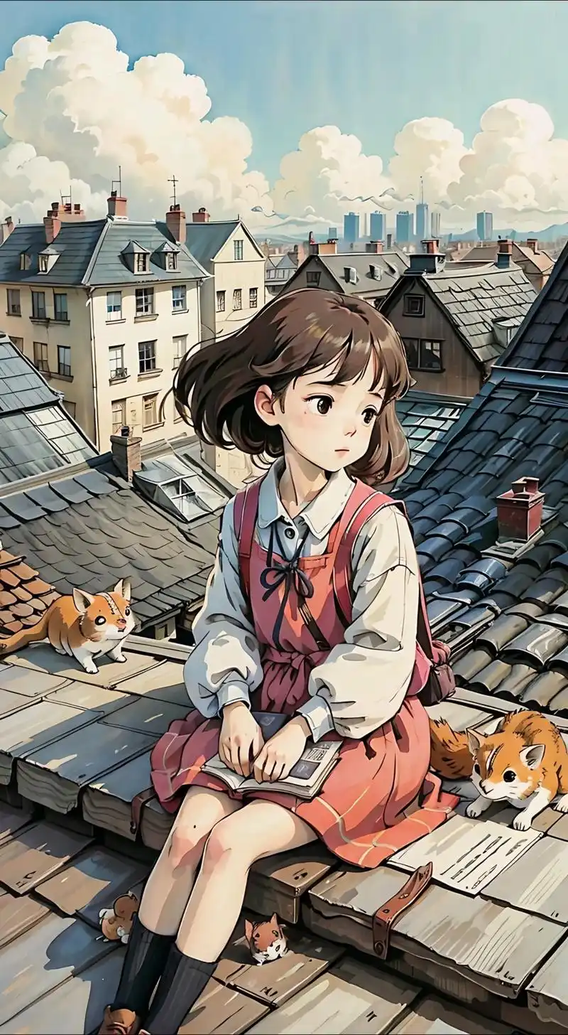 漫蛙品牌插画:少女坐在老城屋顶上,身旁有猫,非任何作品官方画面